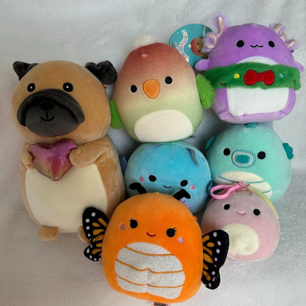 Lot of 7 Squishmallow Plush Toys Dog Parrot Butterfly Dragonfly Seahorse Axolotl - Picture 1 of 7